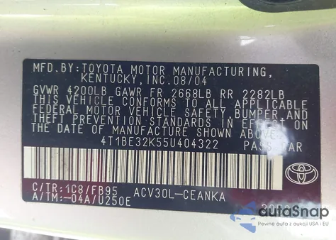 2005 Toyota Camry Le z USA, uszkodzony, nr VIN 4T1BE32K55U404322
